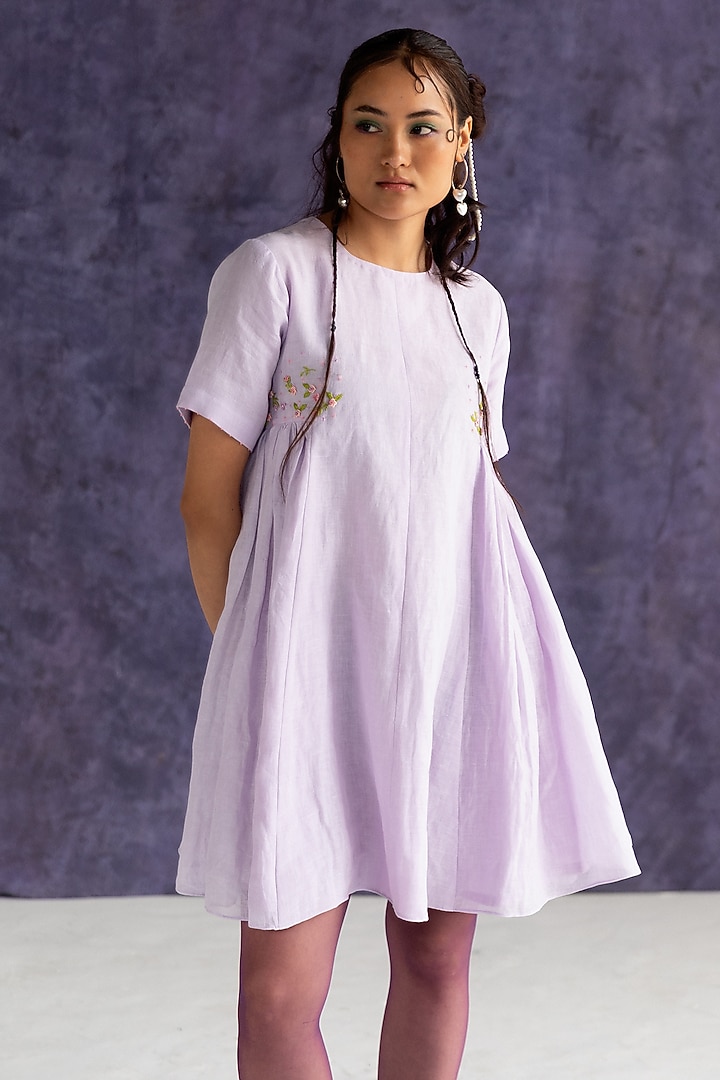 Lilac Linen Bullion Knot Embroidered Knee-Length Summer Dress by Journal by Pranay at Pernia's Pop Up Shop