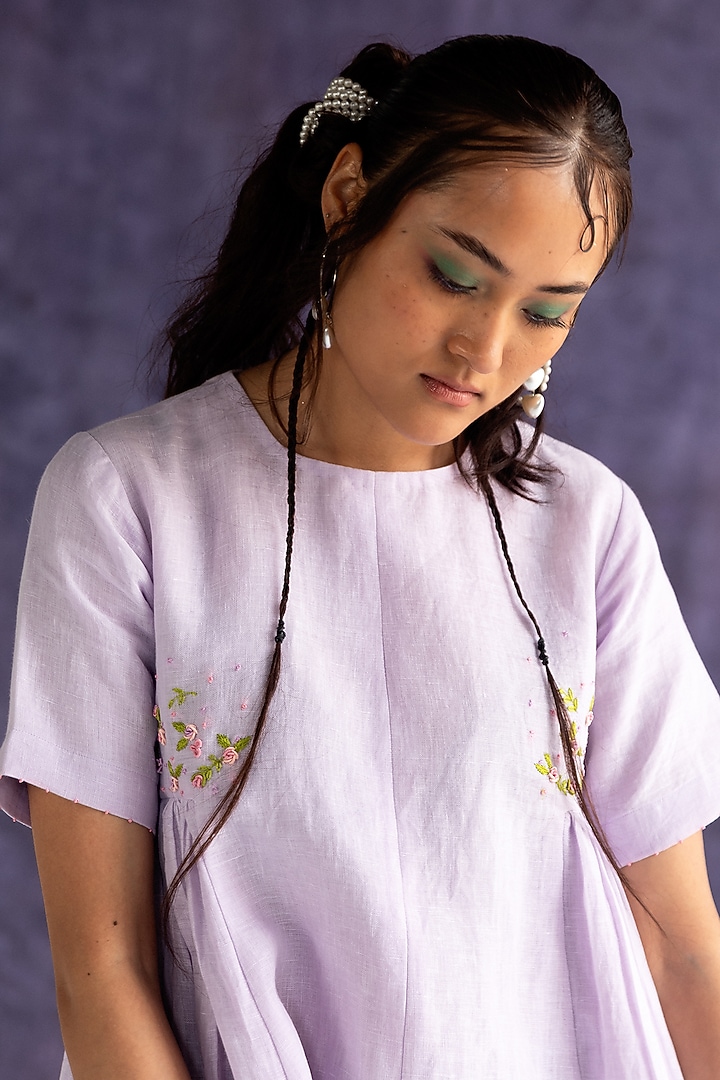 Lilac Linen Bullion Knot Embroidered Knee-Length Summer Dress by Journal by Pranay at Pernia's Pop Up Shop