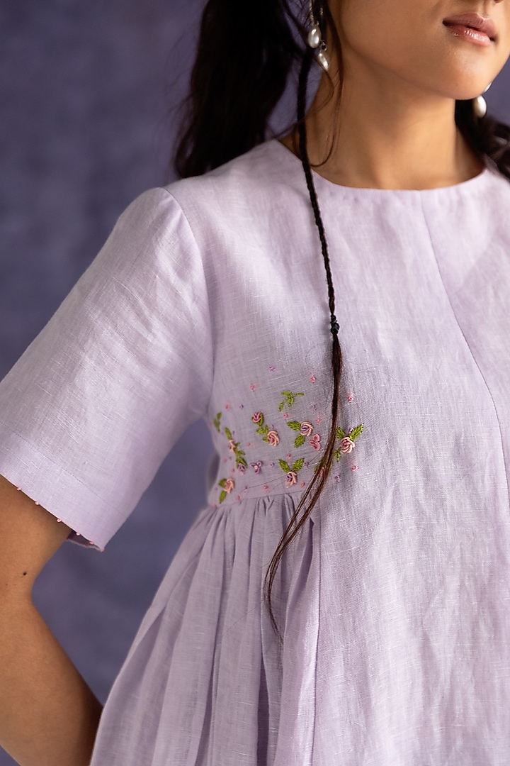 Lilac Linen Bullion Knot Embroidered Knee-Length Summer Dress by Journal by Pranay at Pernia's Pop Up Shop