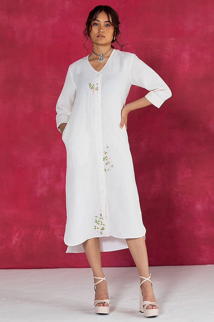 Ivory Linen Bullion Knot Embroidered Shirt Dress by Journal by Pranay at Pernia's Pop Up Shop