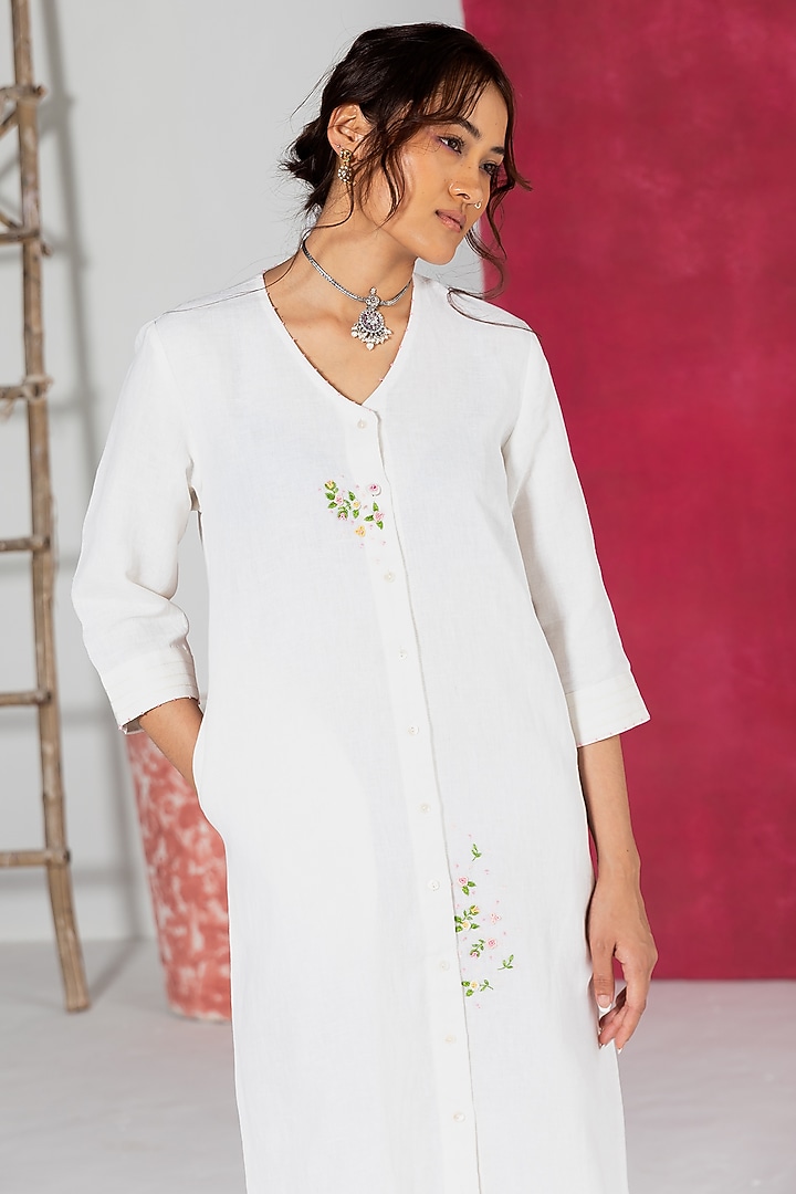 Ivory Linen Bullion Knot Embroidered Summer Shirt Dress by Journal by Pranay at Pernia's Pop Up Shop