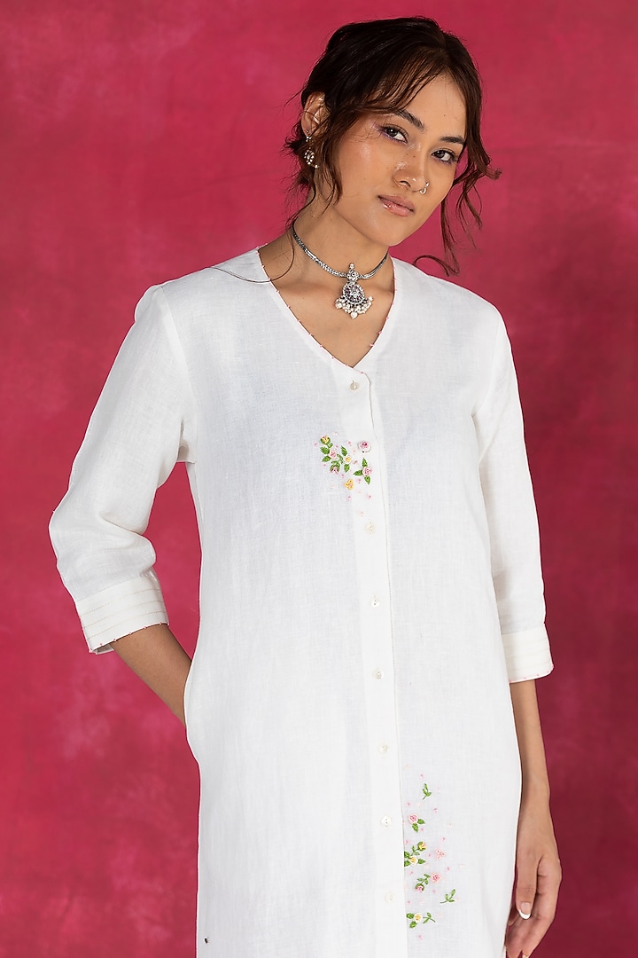 Ivory Linen Bullion Knot Embroidered Summer Shirt Dress by Journal by Pranay at Pernia's Pop Up Shop