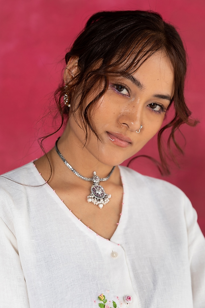 Ivory Linen Bullion Knot Embroidered Summer Shirt Dress by Journal by Pranay at Pernia's Pop Up Shop