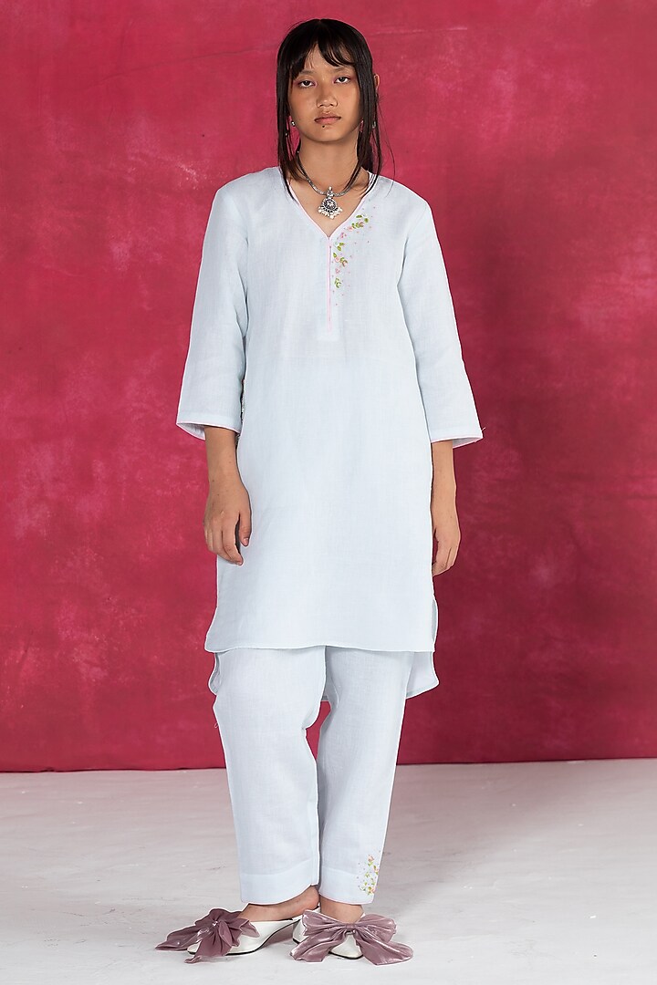 Pastel Blue Linen Bullion Knot Embroidered Kurta Set by Journal by Pranay