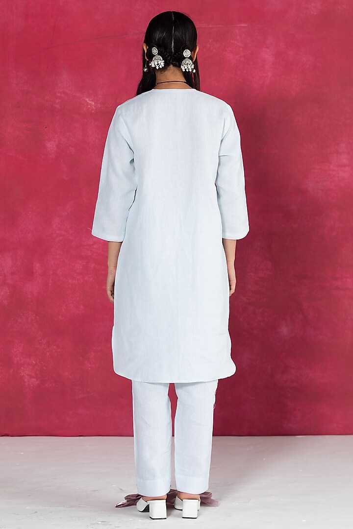 Pastel Blue Linen Bullion Knot Embroidered Kurta Set by Journal by Pranay at Pernia's Pop Up Shop