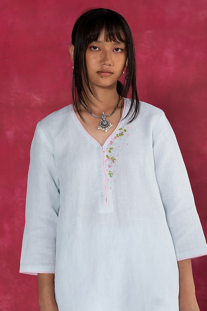 Pastel Blue Linen Bullion Knot Embroidered Kurta Set by Journal by Pranay at Pernia's Pop Up Shop