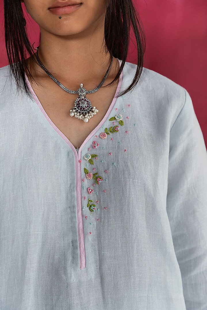 Pastel Blue Linen Bullion Knot Embroidered Kurta Set by Journal by Pranay at Pernia's Pop Up Shop