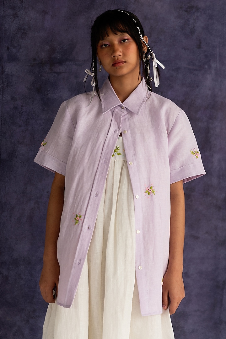 Lilac Linen Bullion Knot Embroidered Shirt by Journal by Pranay at Pernia's Pop Up Shop