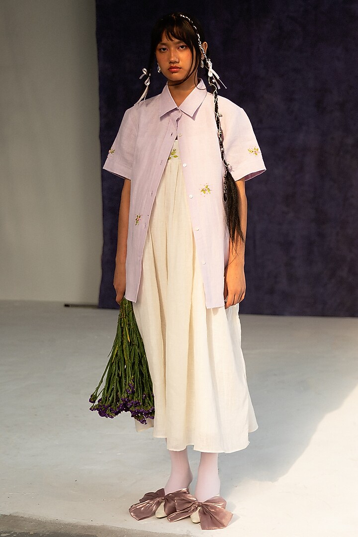 Lilac Linen Bullion Knot Embroidered Shirt by Journal by Pranay at Pernia's Pop Up Shop