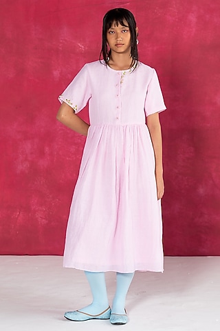 Soft Pastel Pink Linen Bullion Knot Embroidered Dress by Journal by Pranay