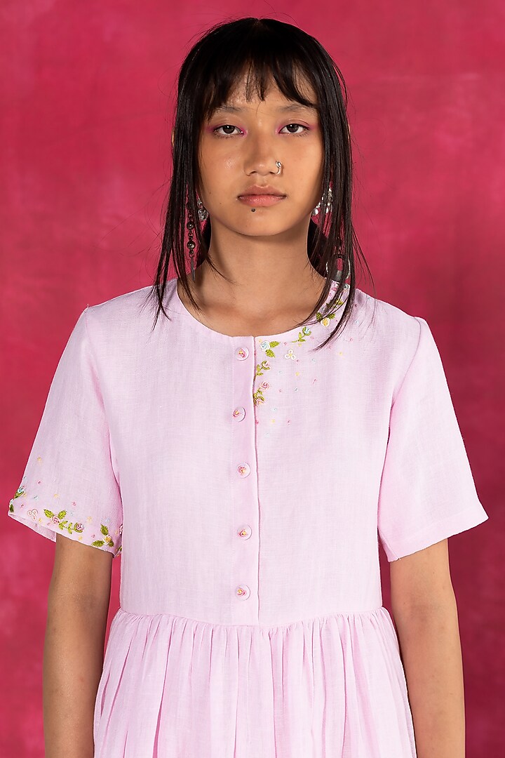 Soft Pastel Pink Linen Bullion Knot Embroidered Summer Dress by Journal by Pranay at Pernia's Pop Up Shop