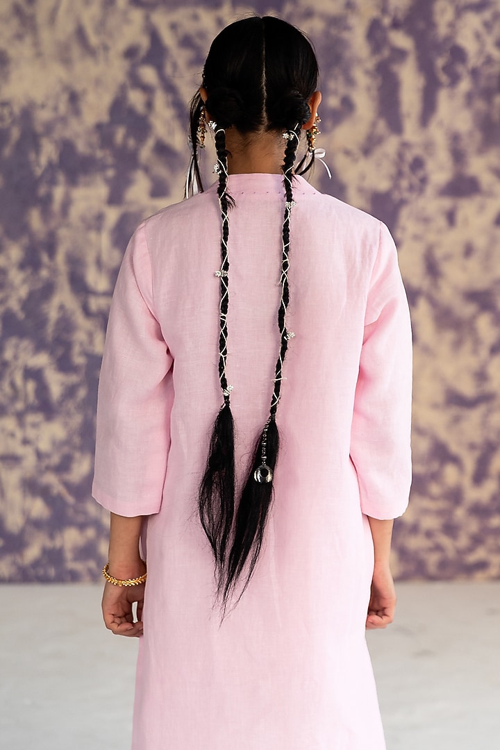 Pastel Pink Linen Bullion Knot Embroidered Kurta Set by Journal by Pranay at Pernia's Pop Up Shop