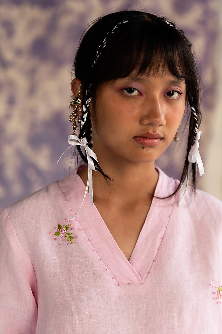 Pastel Pink Linen Bullion Knot Embroidered Kurta Set by Journal by Pranay at Pernia's Pop Up Shop