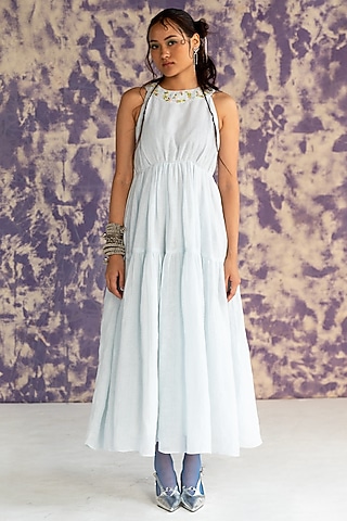 Pastel Blue Linen Bullion Knot Embroidered Tiered Dress by Journal by Pranay