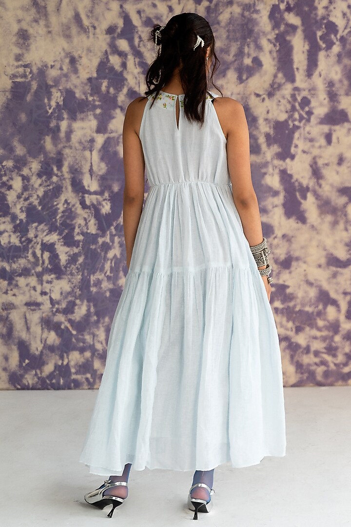 Pastel Blue Linen Bullion Knot Embroidered Tiered Summer Dress by Journal by Pranay at Pernia's Pop Up Shop