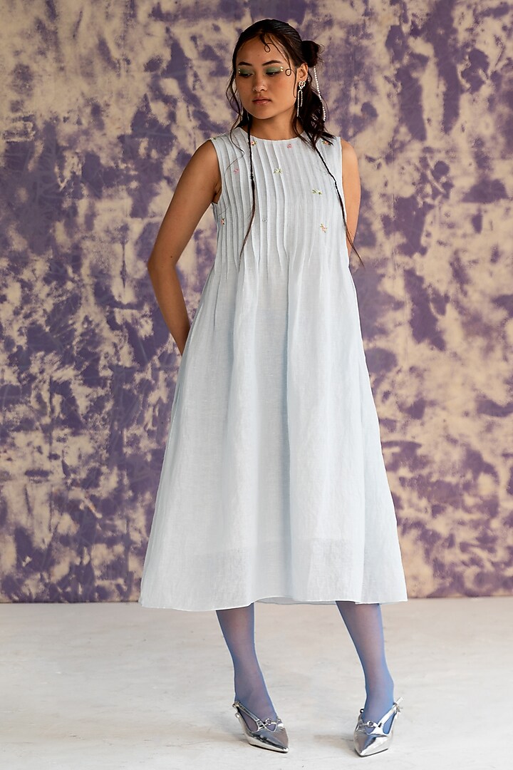 Pastel Blue Linen Bullion Knot Embroidered Tiered Summer Dress by Journal by Pranay at Pernia's Pop Up Shop