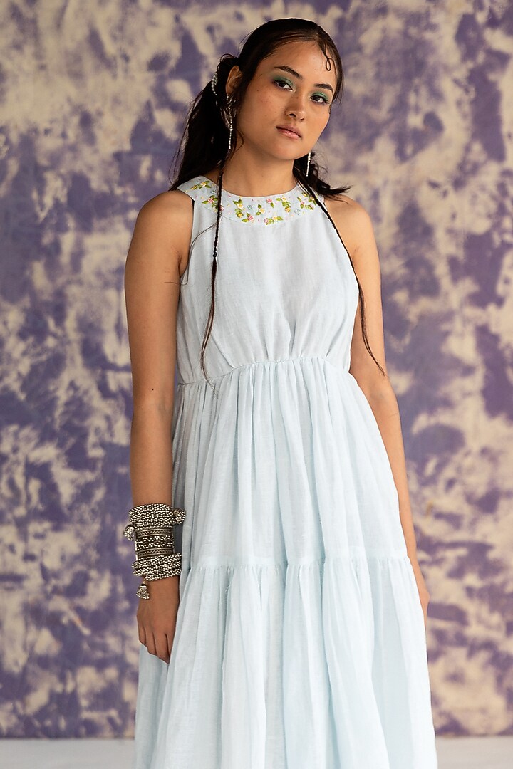 Pastel Blue Linen Bullion Knot Embroidered Tiered Summer Dress by Journal by Pranay at Pernia's Pop Up Shop