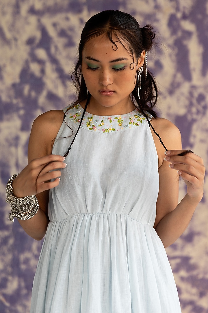 Pastel Blue Linen Bullion Knot Embroidered Tiered Summer Dress by Journal by Pranay at Pernia's Pop Up Shop