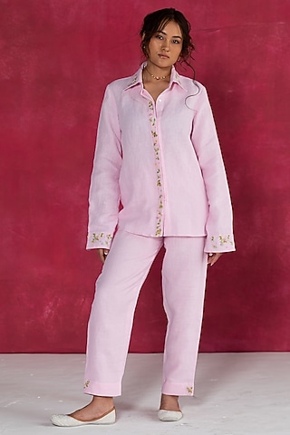 Soft Pastel Pink Linen Bullion Knot Embroidered Shirt by Journal by Pranay
