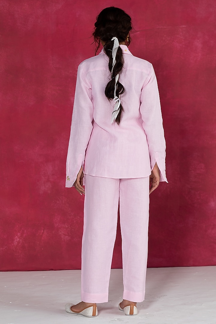 Soft Pastel Pink Linen Bullion Knot Embroidered Shirt by Journal by Pranay at Pernia's Pop Up Shop