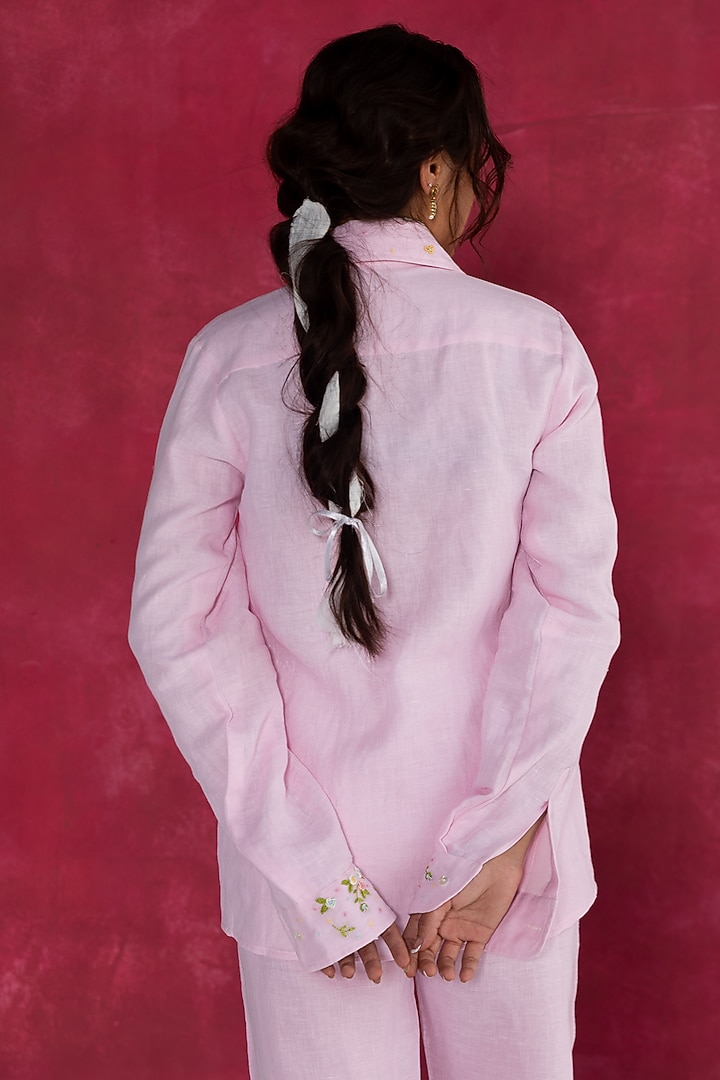Soft Pastel Pink Linen Bullion Knot Embroidered Shirt by Journal by Pranay at Pernia's Pop Up Shop