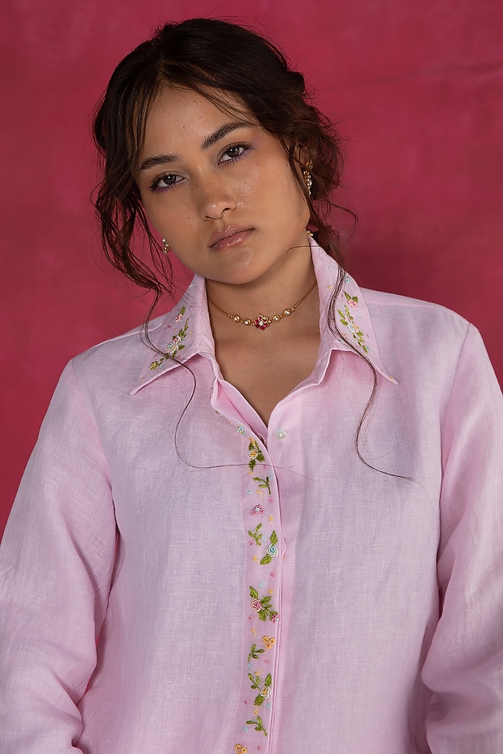 Soft Pastel Pink Linen Bullion Knot Embroidered Shirt by Journal by Pranay at Pernia's Pop Up Shop