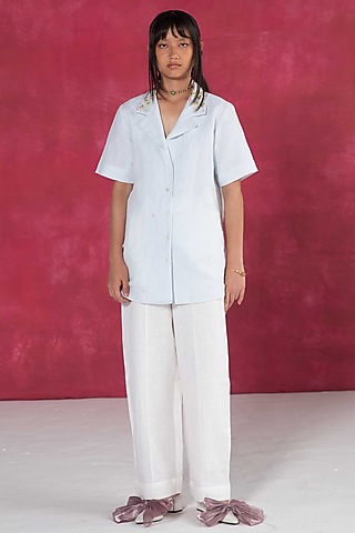 Pastel Blue Linen Bullion Knot Embroidered Shirt by Journal by Pranay