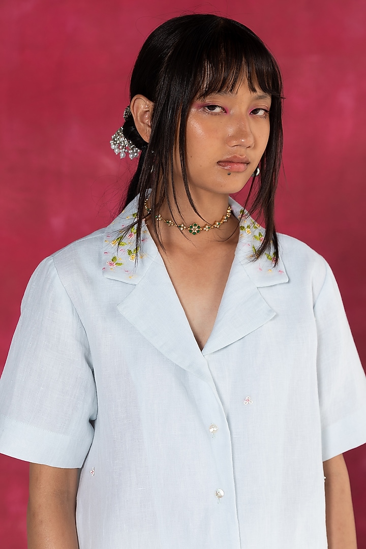 Pastel Blue Linen Bullion Knot Embroidered Shirt by Journal by Pranay at Pernia's Pop Up Shop