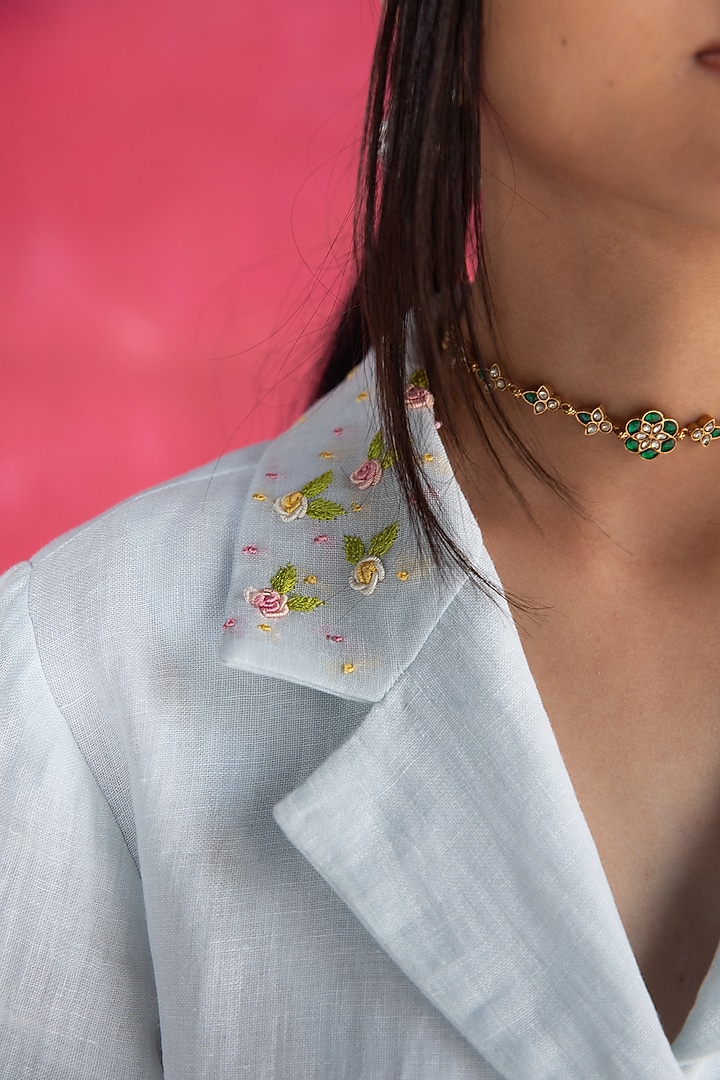 Pastel Blue Linen Bullion Knot Embroidered Shirt by Journal by Pranay at Pernia's Pop Up Shop