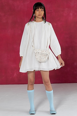 Ivory Linen Bullion Knot Embroidered Top by Journal by Pranay