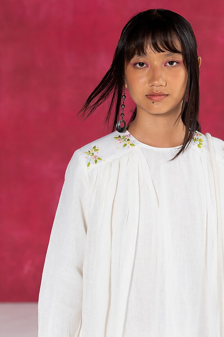 Ivory Linen Bullion Knot Embroidered Top by Journal by Pranay at Pernia's Pop Up Shop