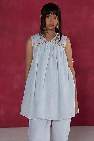 Pastel Blue Linen Bullion Knot Embroidered Top by Journal by Pranay