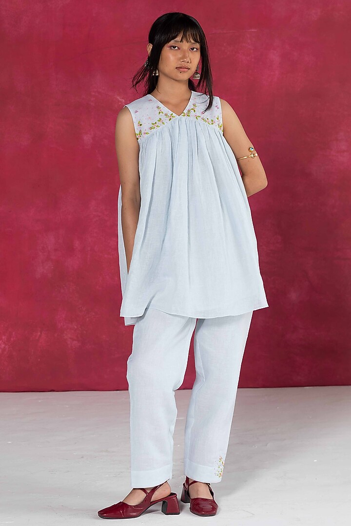 Pastel Blue Linen Bullion Knot Embroidered Top by Journal by Pranay at Pernia's Pop Up Shop