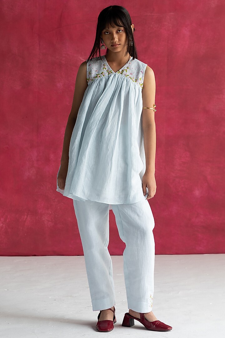 Pastel Blue Linen Bullion Knot Embroidered Top by Journal by Pranay at Pernia's Pop Up Shop