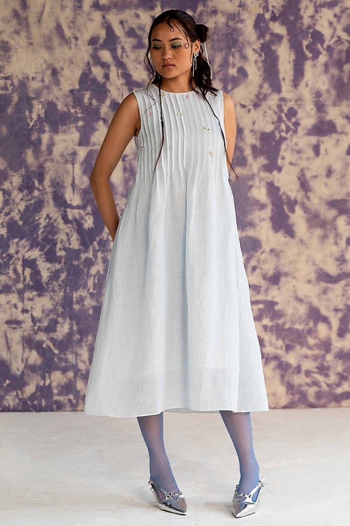 Pastel Blue Linen Bullion Knot Embroidered Pintuck Dress by Journal by Pranay at Pernia's Pop Up Shop