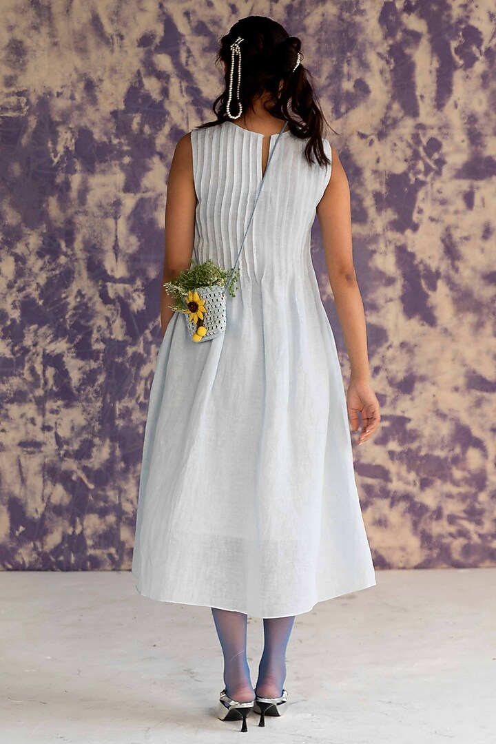 Pastel Blue Linen Bullion Knot Embroidered Pintuck Summer Dress by Journal by Pranay at Pernia's Pop Up Shop