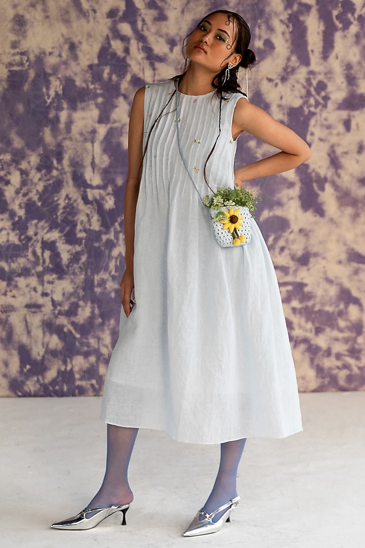 Pastel Blue Linen Bullion Knot Embroidered Pintuck Summer Dress by Journal by Pranay at Pernia's Pop Up Shop