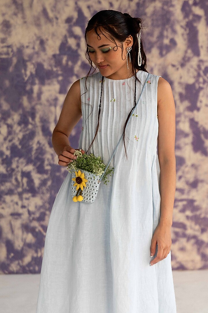 Pastel Blue Linen Bullion Knot Embroidered Pintuck Summer Dress by Journal by Pranay at Pernia's Pop Up Shop