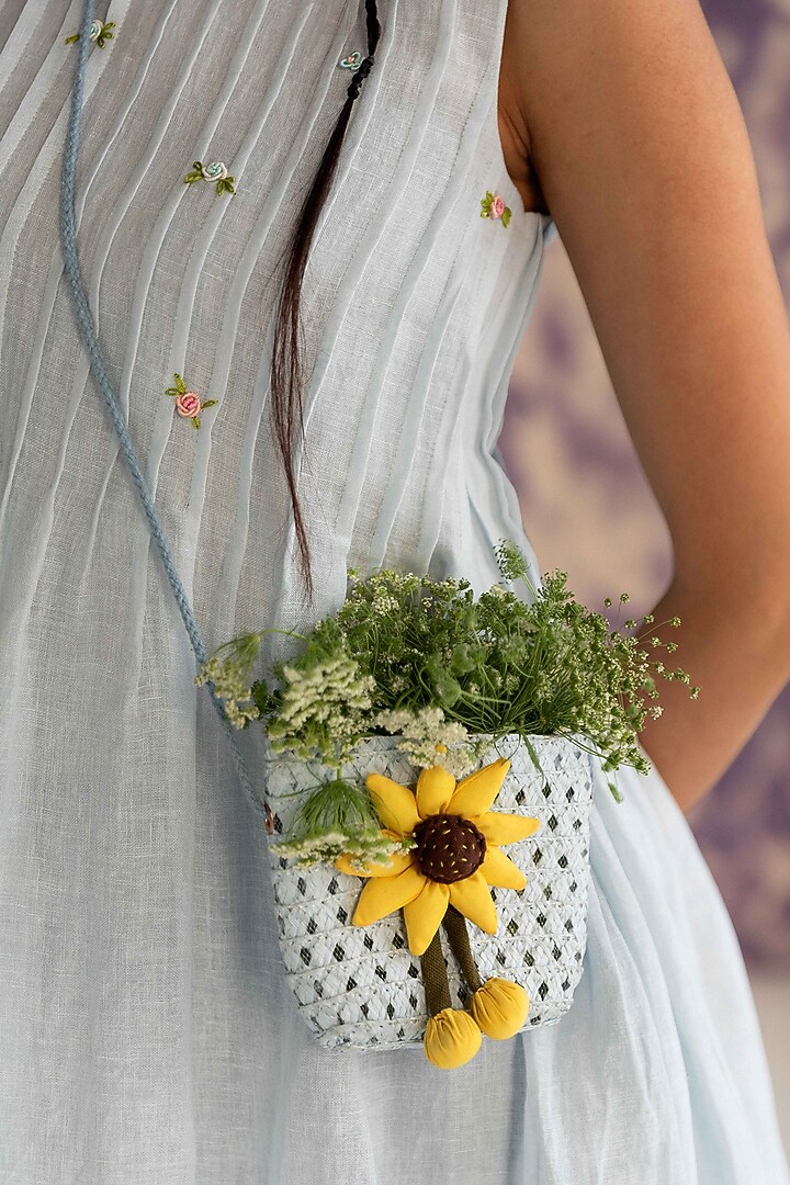 Pastel Blue Linen Bullion Knot Embroidered Pintuck Summer Dress by Journal by Pranay at Pernia's Pop Up Shop
