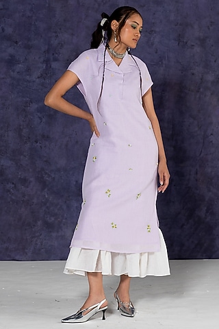 Purple Linen Bullion Knot Embroidered Calf Length Dress by Journal by Pranay