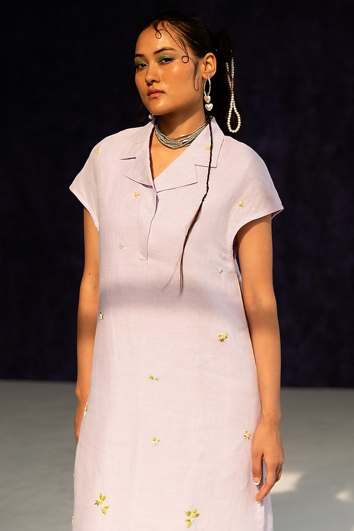 Purple Linen Bullion Knot Embroidered Calf Length Summer Dress by Journal by Pranay at Pernia's Pop Up Shop