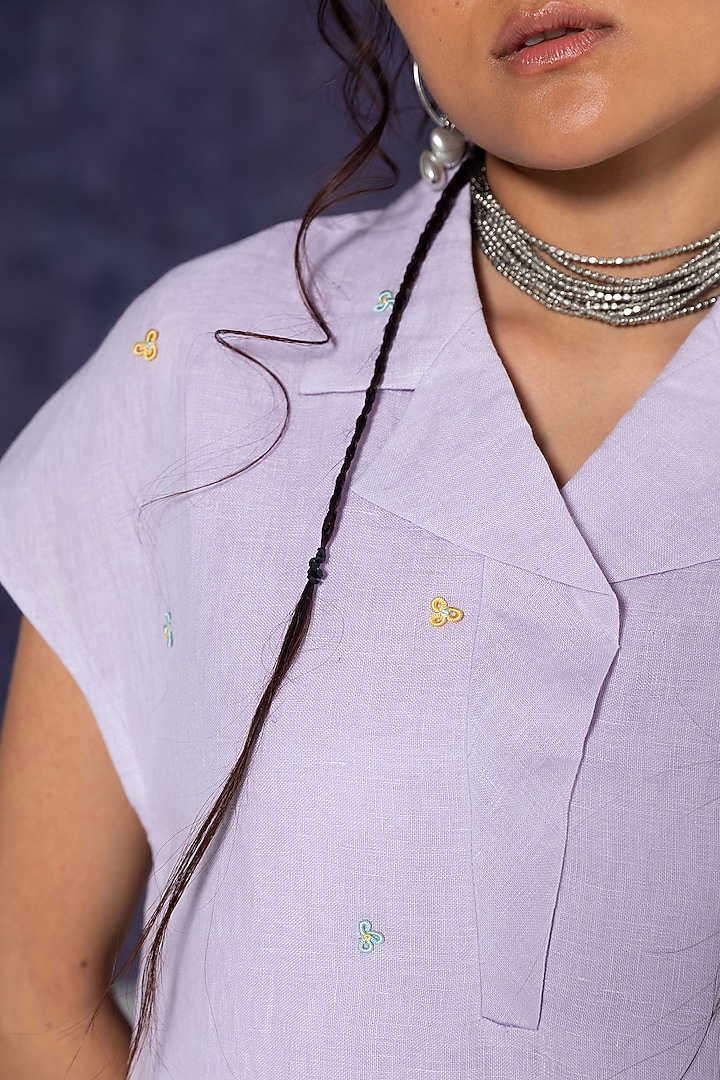 Purple Linen Bullion Knot Embroidered Calf Length Summer Dress by Journal by Pranay at Pernia's Pop Up Shop