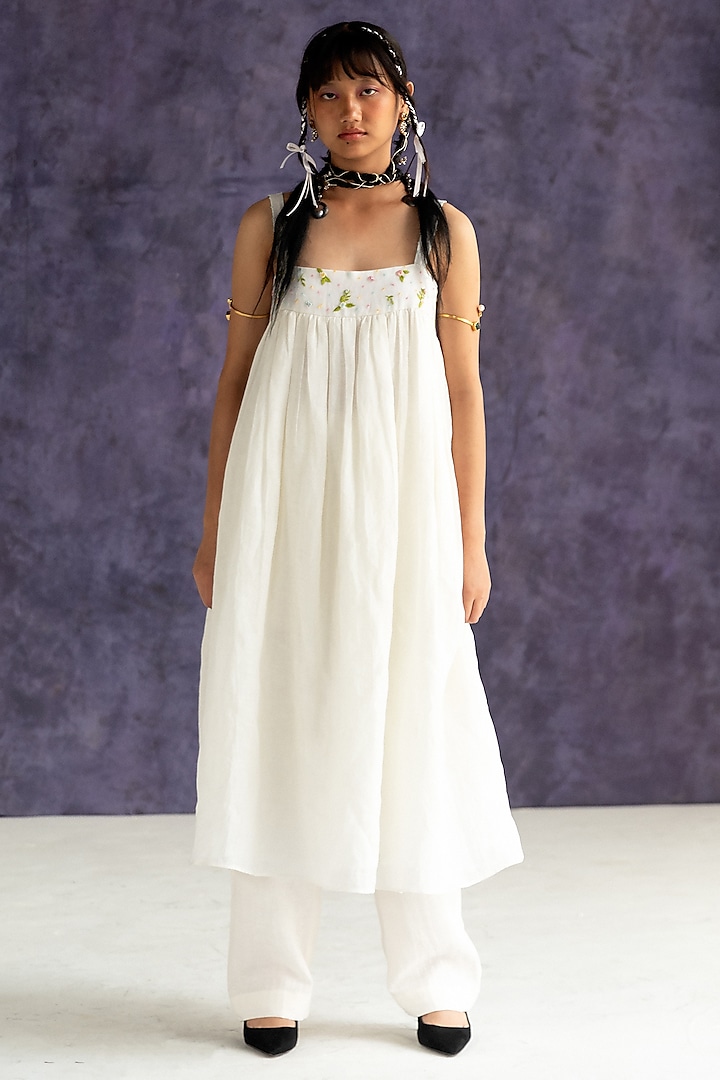 Ivory Linen Bullion Knot Embroidered Strappy Dress by Journal by Pranay at Pernia's Pop Up Shop