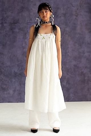 Ivory Linen Bullion Knot Embroidered Strappy Dress by Journal by Pranay