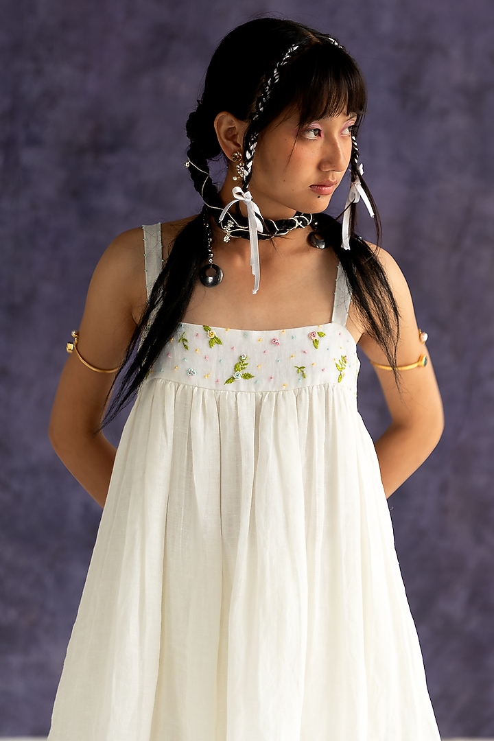 Ivory Linen Bullion Knot Embroidered Strappy Summer Dress by Journal by Pranay at Pernia's Pop Up Shop