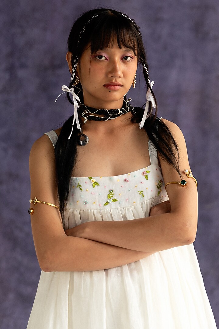 Ivory Linen Bullion Knot Embroidered Strappy Summer Dress by Journal by Pranay at Pernia's Pop Up Shop