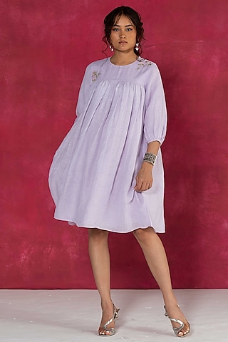 Lilac Linen Bullion Knot Embroidered Knee-Length Dress by Journal by Pranay