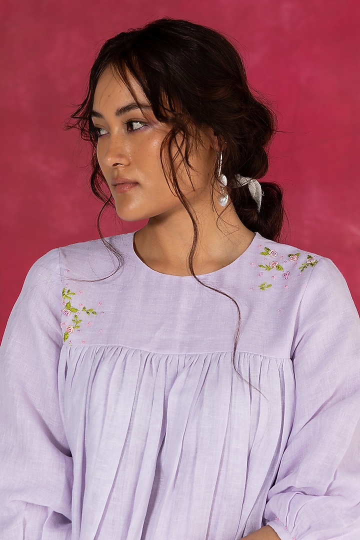 Lilac Linen Bullion Knot Embroidered Knee-Length Summer Dress by Journal by Pranay at Pernia's Pop Up Shop