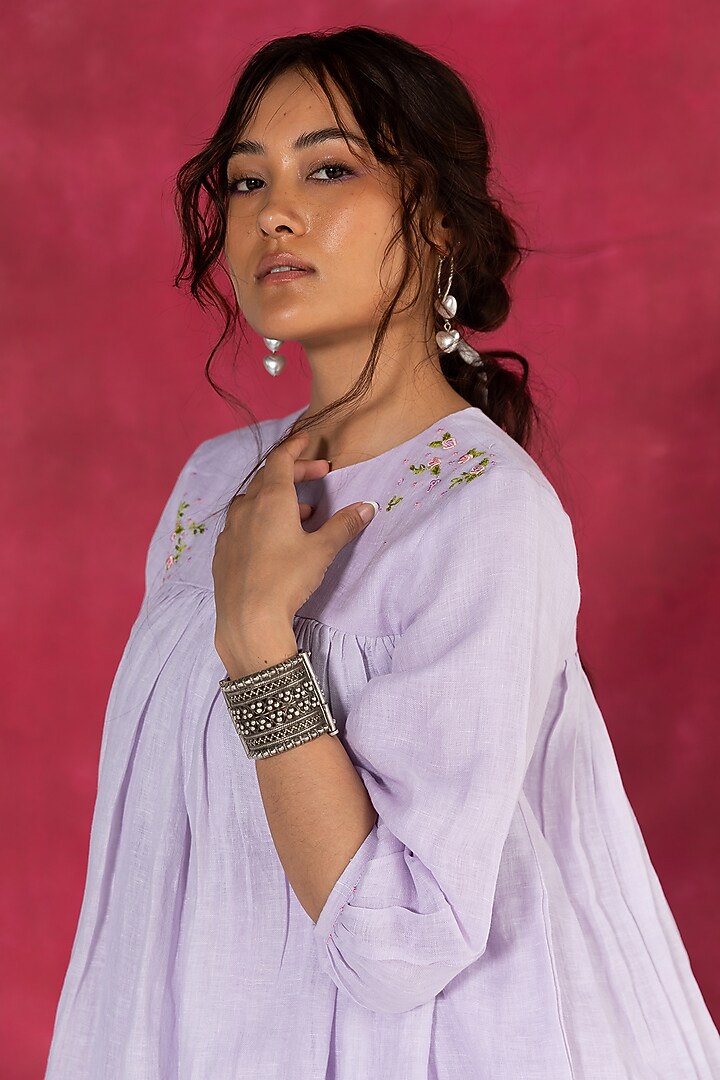 Lilac Linen Bullion Knot Embroidered Knee-Length Summer Dress by Journal by Pranay at Pernia's Pop Up Shop