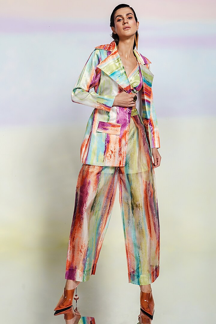 Multi-Colored Cotton Satin Printed Jacket Set by July Issue
